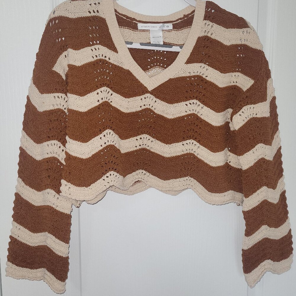 Altar’d State Cropped Long Sleeve Striped Crochet Sweater XXS Lightweight Soft